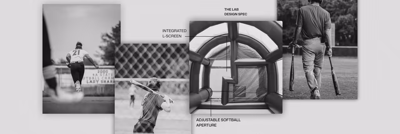 A collage of baseball and softball players alongside a technical drawing of The Lab's integrated l-screen.